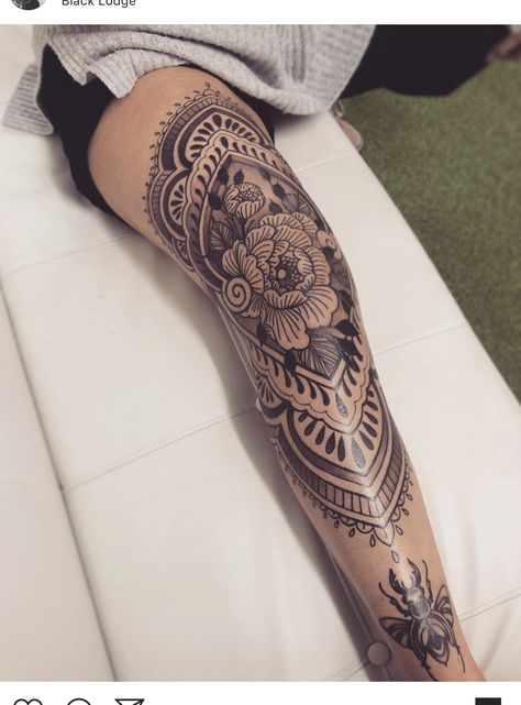 Leg Tattoos Mandala, Ornamental Leg Sleeve, Full Leg Tattoos Women Sleeve, Kneecap Tattoo Women, Ornamental Leg Tattoo, Women Leg Tattoos, Lower Leg Tattoos Women, Mandala Tattoo Leg, Leg Tattoo Ideas