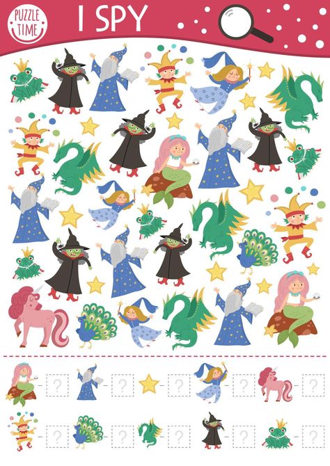 Fairytale Printables Free, Fairytale Preschool Activities Free Printables, Fairy Tale Science Preschool, Pre K Fairy Tale Craft, Fairy Tale Worksheets Preschool, I Spy Fantasy Book, Spy Games For Kids, Spy Games, I Spy Games