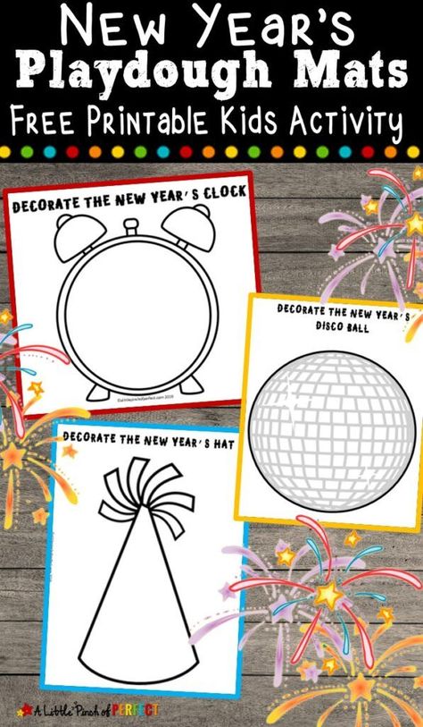 The kids will have fun this New Year's Eve with these free printable playdough mats. As your kids wait for the New Year they can play and be creative making fireworks, party hats, disco balls, and more. Kids will love having something fun to do as they wait for the new year to arrive, and this is a quick and easy activity to set up! #newyear #newyearseve #kidsactivities #sensory #preschool #kids #kindergarten News Years Crafts For Kids, Fireworks Party, New Year's Eve Crafts, Kids New Years Eve, New Year's Eve Activities, New Years Hat, Free Activities For Kids, New Years Activities, Playdough Mats