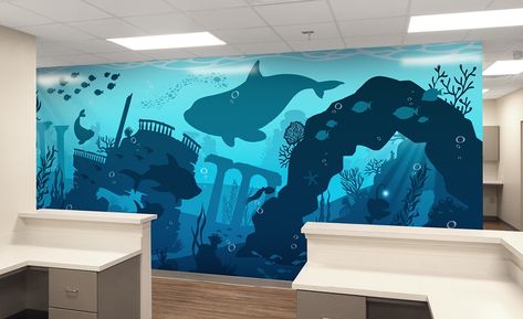 Deep Blue Underwater Medical Clinic | Project Gallery | IDS Kids Underwater Mural, Underwater Room, Parrot Fish, Underwater Theme, Kids Library, Girls Rooms, Environmental Graphic Design, Larger Than Life, Medical Office