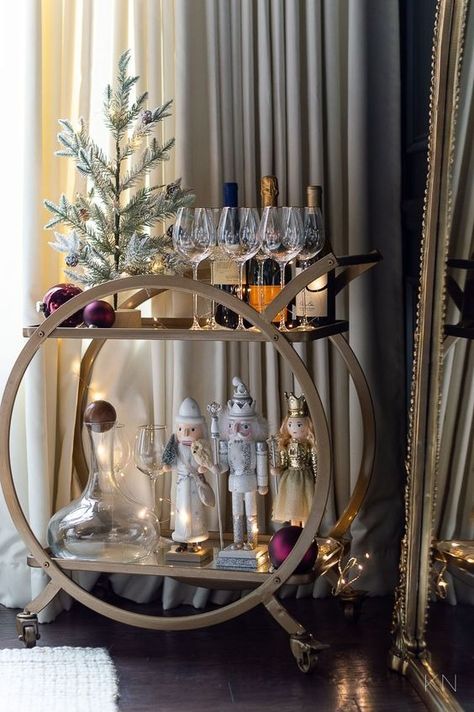 Dining Room Bar Buffet, Bar Cart Christmas, Christmas Bar Cart, Holiday Bar Cart, Cement Vase, Christmas Tree Star Topper, Large Wood Wall Art, Home Bar Design, Purple Tree