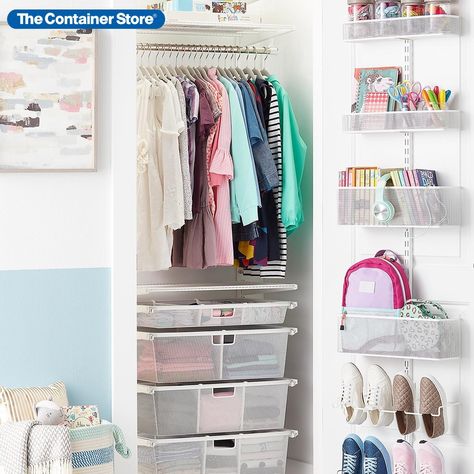 Available only at The Container Store, this Elfa Classic 2' Closet with Door & Wall Rack offers maximum storage in minimum space with hanging space, drawers, and a door rack. All Elfa components are adjustable, so the solution is completely flexible! This is designed to fit a 27" space. Best Closet Systems, Elfa Closet, No Closet Solutions, Door Rack, Kids Closet Organization, Store Interiors, Small Closet Organization, Kid Closet, Small Closet