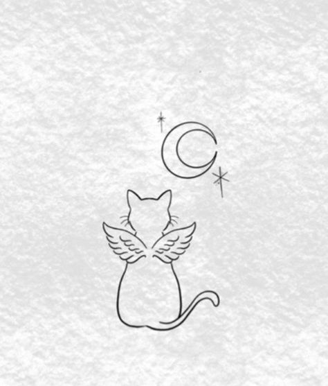 Kitten Tattoo Outline, Cat In Heaven Tattoo, Cat With Angel Wings Tattoo, Cat Angel Tattoo, Cat With Wings Tattoo, Angel Cat Tattoo, Moon Cat Tattoo, Cat And Moon Tattoo, Tattoos For Women Cat