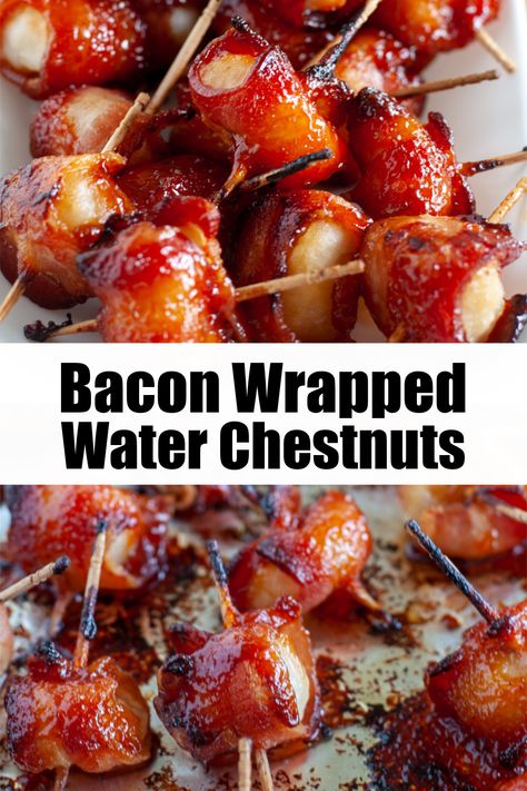 Easy and delicious Bacon Wrapped Water Chestnuts will become one of your favorite appetizers. Bacon wrapped around a water chestnut slathered in a sweet and savory sauce. #baconwrappedwaterchestnuts Bacon Waterchestnut Recipes, Water Chesnut Wrapped In Bacon, Water Chestnuts And Bacon Appetizers, Air Fryer Bacon Wrapped Water Chestnuts Recipe, Bacon Chestnuts Appetizers, Bacon Wrapped Water Chestnuts Recipe Crockpot, Bacon Covered Water Chestnuts Recipe, Easy Bacon Wrapped Water Chestnuts Recipe, Water Chestnuts Wrapped In Bacon Recipes