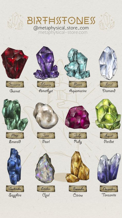 Birthstones Witchcraft Store, Month Gemstones, Metaphysical Store, Gemstone Art, Crystal Balls, Types Of Crystals, Types Of Women, Types Of Gemstones, Healing Jewelry