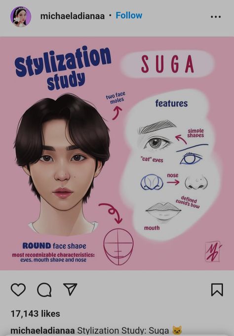 BTS suga stylization, Michaela stylization, K-pop stylisation, BTS stylization, Michaela, michaeladianaa on Instagram Michaeladianaa Stylization Study, Stylization Study, Line Art Lesson, Jawline Exercise, Face Study, Kpop Art, Drawing Tutorial Face, Body Drawing Tutorial, Creative Drawing Prompts