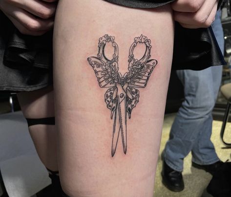 black and gray tattoo butterfly scissors Scissor Tattoos, Butterfly Scissors, Scissor Tattoo, Black And Gray Tattoo, Gray Tattoo, Tattoo Butterfly, Tattoo Inspo, Black And Grey Tattoos, Black And Gray