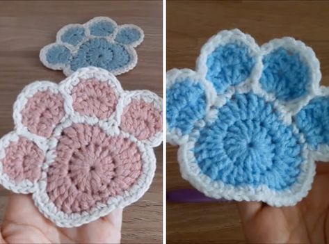 Crochet Paw Coaster Sided - Learn to crochet this unique coaster that is in the shape of a cute animal paw! Watch the video tutorial to learn making this adorable crochet paw coaster. Paw Crochet, Chat Crochet, Crochet Coaster Pattern, Unique Coasters, Bonnet Crochet, Puppy Paws, Thoughtful Christmas Gifts, Lion Brand Yarn, Crochet Applique