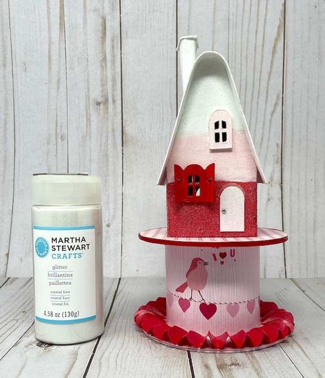 Easy Way to Apply Glitter to a Putz House - Paper Glitter Glue Valentine Putz House, Birdhouse Crafts, Glitter House, Birdhouse Craft, Putz House, Coffee Filter Paper, Heart Glitter, Martha Stewart Crafts, Diy Glitter