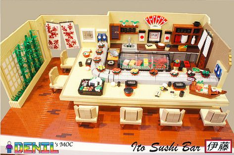 Sushi Shop, Idle Game, Lego Furniture, Building Interior, Lego Display, Interior Shop, Lego Lovers, Lego Modular, Lego Room