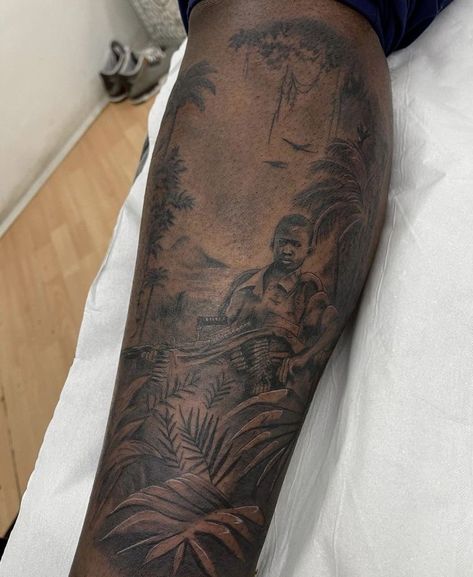 Dark Skin Men Tattoo Ideas, Africa Forearm Tattoo, Inner Bicep Sleeve Tattoo, African Tattoo Ideas For Men Sleeve, African Sleeve Tattoo Men, Black People Tattoos Dark Skin, Leg Tattoo Black Men, Trinidad Tattoo Ideas, Dark Skin Tattoo Men