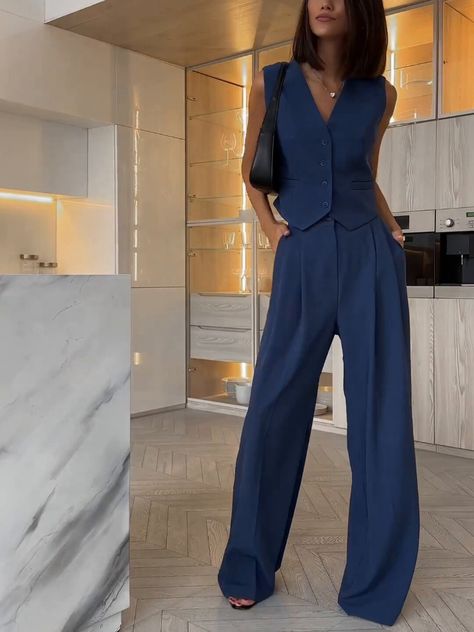 Women's Suit Pant Sets 2024 New in Wide Leg Trousers Sets V-neck Sleeveless Vest Two Piece Set Blue Sleeveless Top Outfit, Women Suits Design, Vest With Long Skirt, Blue Dress Pants Outfit, Blue Formal Outfit, Blue Work Outfit, Graduation Ootd, Womens Tracksuit Outfit, Two Piece Suit Women