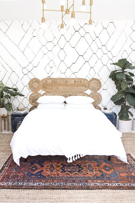 DIY headboard // Guest Room // Sarah Sherman Samuel Diy Wall Headboard, Rug Headboard, Modern Bohemian Bedroom Decor, Bed Headboard Ideas, Pretty Headboard, Bohemian Bedroom Inspiration, Wall Headboard, Modern Bohemian Bedroom, Diy Headboard Ideas