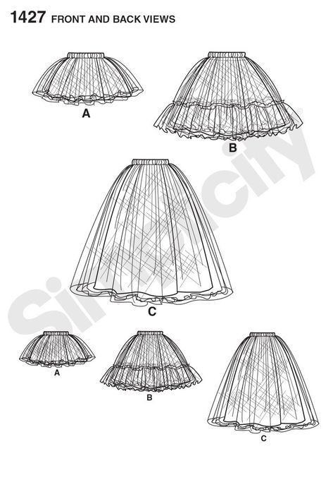 Simplicity 1427 Misses' Tulle Skirt in Three Lengths Line Drawing #tulleskirtpattern Tulle Skirt Pattern, Skirt Drawing, Diy Tulle Skirt, Girls Tulle Skirt, Gonna In Tulle, Tulle Skirts, Trendy Sewing, Fashion Templates, Digital Patterns