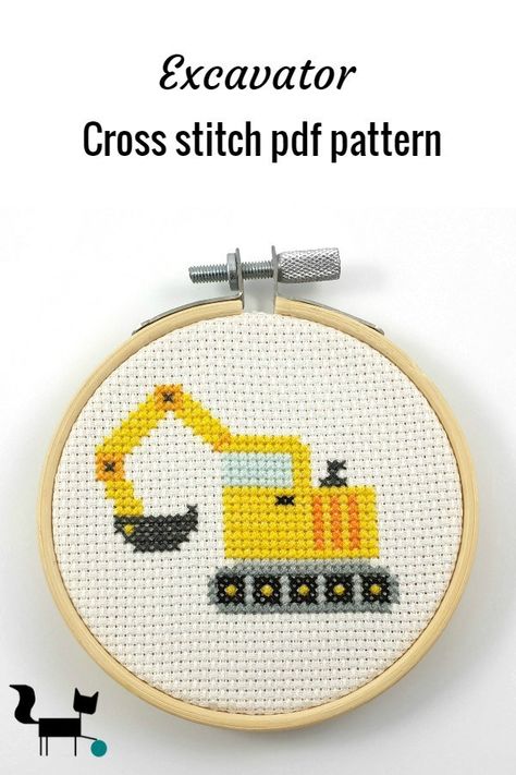 This cute yellow excavator cross stitch pdf pattern is part of vehicle line I designed with boy room decor in mind. It can be made in a afternoon or so. #crossstitchpattern #excavator #boyroomdecor Crochet Excavator, Yellow Room Decor, Boy Room Decor, Dmc Cross Stitch, Cross Stitch Letters, Cross Stitch Love, Cross Stitch Baby, Cross Stitch Funny, Cute Cross Stitch