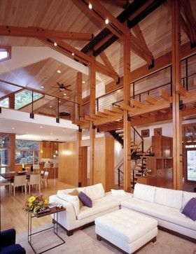 exposed western red cedar beams and ceiling! - contemporary living room - WRCLA Beams In Living Room, Plank Ceilings, Cedar Ceiling, Cedar Interior, Cedar Beams, Mountain House Design, Modern Mountain House, Sitting Areas, Cedar Lumber