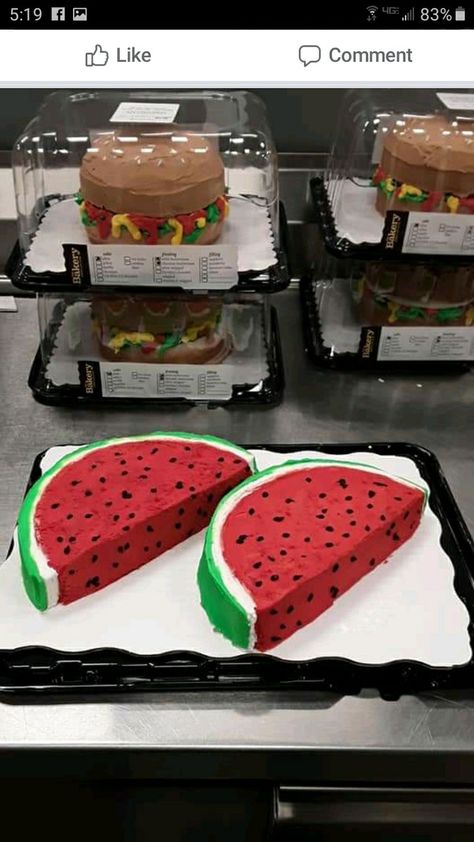 Cake That Looks Like Food, Watermelon Cake Designs Birthday, Watermelon Cookie Cake, Half Watermelon Cake, Summer Cake Ideas, Cake That Looks Like Watermelon, Cakes That Look Like Food, Watermelon Cake Birthday Kid, Round Birthday Cakes