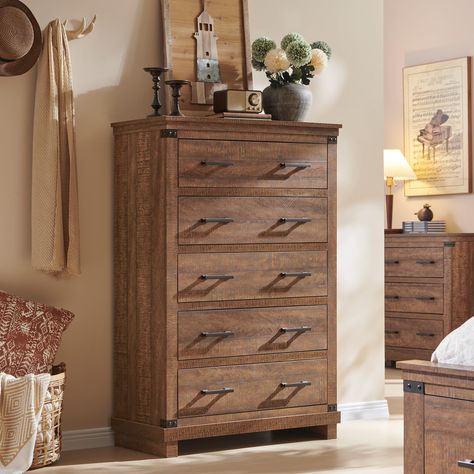 PRICES MAY VARY. Richly Rustic Aesthetic: This 5 drawer dresser’s crisp, clean and quaint profile is enriched with a striking weathered oak grain with distressed finish and thick plank styling for that much more rustic warmth. Antiqued nailhead trim and handle pay homage to country farmhouse, making for a chic look loaded with charm, eamlessly complementing any furniture and decor style. Multi-Storage Purpose: Measuring 31.3"W × 15.5"D × 48"H. This tall dressers for bedroom boasts an immense sto Brown Dresser Bedroom, Western Dresser, Dark Wood Dresser, Light Wood Dresser, Rustic Closet, Dresser Styling, Closet Dresser, Brown Dresser, Dresser In Closet