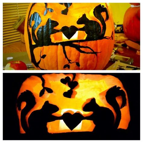 Squirrel love and pumpkin carving Squirrel Pumpkin Carving, Love Pumpkin Carving, Squirrel Pumpkin, Pumpkin Carving Idea, Pumpkin Inspiration, Halloween Pumpkin Diy, Pumkin Carving, Pumpkin Diy, Tall Pumpkin Carving