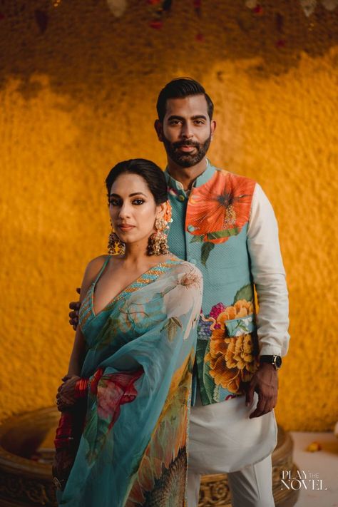 Introducing latest Color Coordinated Outfits for Couples. #weddingbazaar #indianwedding #colorcoordinatedoutfitforcoupleaesthetic #colorcoordinatedoutfitforcoupleblack #colorcoordinatedoutfitforcouplewedding #colorcoordinatedoutfitforcouplecasual #colorcoordinatedoutfitforcouplepictures #colorcoordinatedoutfitforcouplepink #colorcoordinatedoutfitforcouplered #colorcoordinatedoutfitforcoupleindian #colorcoordinatedoutfitforcouplepastel #colorcoordinatedweddingoutfitforcouple #colorcoordinated Mehendi Outfit For Couple, Wedding Couple Clothes Outfit Ideas, Latest Haldi Outfit For Bride And Groom, Matching Traditional Outfits For Couples, Traditional Couple Outfits, Haldi Outfits For Bride And Groom, Couple Indian Outfits, Couple Traditional Outfits Indian, Haldi Couple Outfits