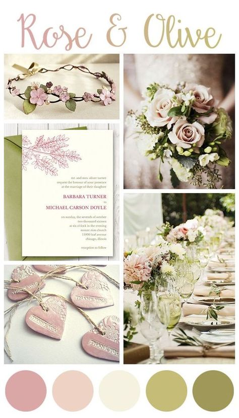 rustic elegant blush pink spring wedding invitation colour palettes ideas Wedding Rose Gold Theme, Olive Green Weddings, Olive Wedding, Rose Gold Theme, Wedding Themes Spring, Tied Knot, Green Wedding Inspiration, Wedding Drawing, Gold Wedding Colors