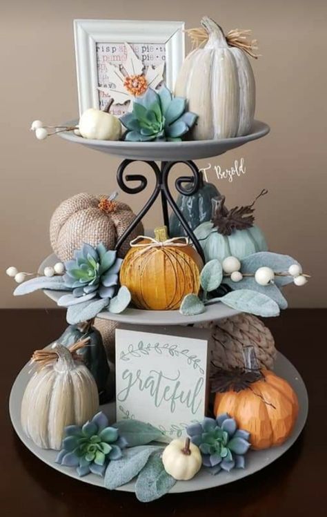 Dollar Tree Fall Decor, Three Tiered Tray, Dollar Tree Fall Decor Diy, Pumpkin Centerpiece, Fall Decor Dollar Tree, Dollar Tree Fall, Tiered Tray Diy, Halloween Decorations Diy Outdoor, Diy Dollar Tree Decor