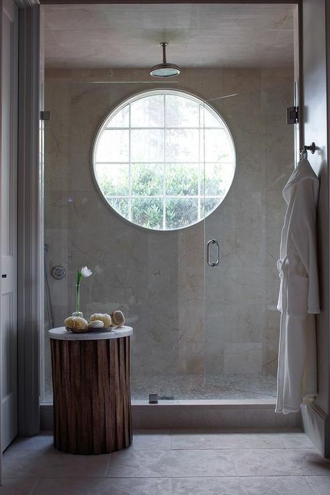 Pebble Floor, South Shore Decorating, Window In Shower, Shower Thoughts, Round Window, Master Shower, Spa Like Bathroom, Bathroom Windows, Custom Built Homes