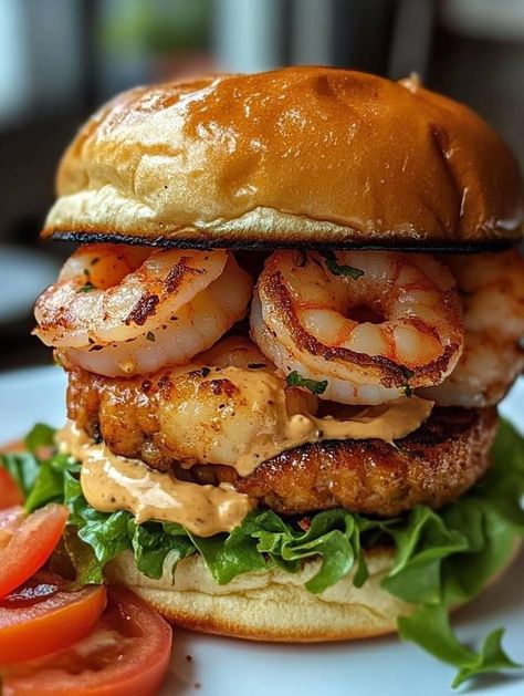 Shrimp Patty, Shrimp Burger Recipe, Meals With Recipes, Shrimp Burgers, Patty Melt Recipe, Chimichanga Recipe, Shrimp Burger, Classic Burger, Honey Bbq Chicken