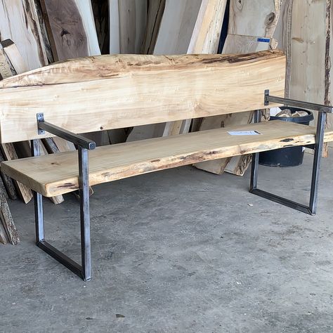 Wood And Metal Bench Outdoor, Live Edge Bench Seat, Metal Wood Bench, Steel And Wood Bench, Live Edge Wood Projects, Steel And Wood Furniture, Live Edge Wood Bench, Wood Bench With Back, Live Edge Wood Furniture