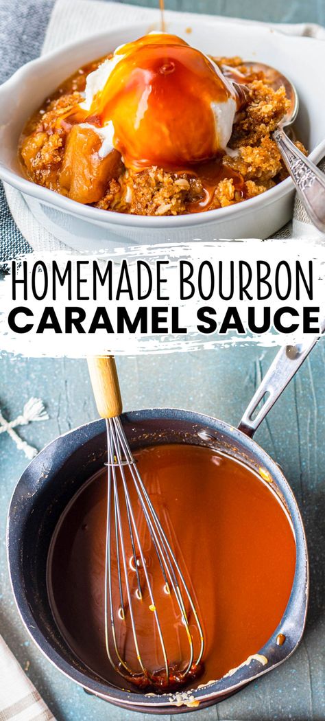 Bourbon Caramel Sauce Recipe, Bourbon Dessert Recipes, Bourbon Desserts, Whiskey Desserts, Bourbon Dessert, Fun Cheesecake Recipes, Bourbon Caramel Sauce, Bourbon Caramel, Bread Booze Bacon