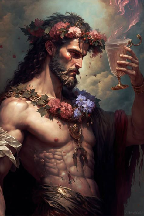 Dionysus Greek God Art, God Of Peace Fantasy Art, Sun God Character Design Male, Greek Gods Male, Greek God Men, Greek Gods Paintings, Demi God Character Design, Greek Character Art, Dionysus Tattoo