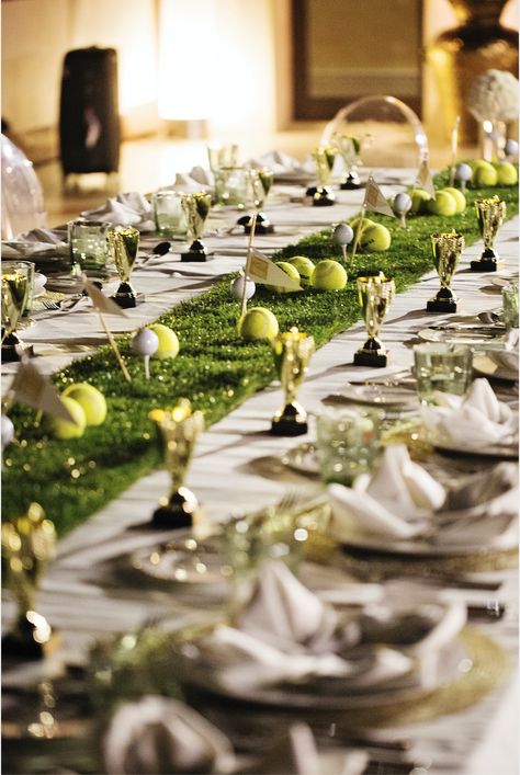 A Tennis and Golf Decor Table Gala Table Decorations Corporate Events, Corporate Football Event, Professional Event Decor, Corporate Event Styling, Corporate Dinner Decor, Golf Event Decor, Golf Table Decorations, Corporate Centerpieces, Corporate Event Centerpieces