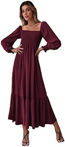 Amazon.com: WDIRARA Women's Square Neck Flounce Shirred Ruffle Hem Elegant Long Sleeve Maxi Dress Maroon XL : Clothing, Shoes & Jewelry Square Neck Long Sleeve, Maternity Maxi, Flowy Maxi Dress, Pregnancy Maxi Dress, Ruffle Hem Dress, Smocked Dress, Sleeve Maxi Dress, Ruffled Maxi Dress, Long Sleeve Maxi