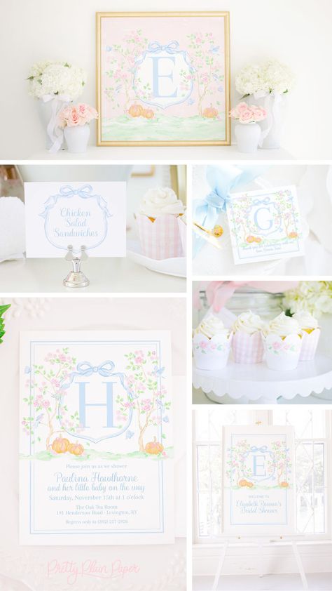 Chinoiserie floral trees, pumpkins, crests, bows and all things sweet! Prefect for a preppy, grandmillenial, traditional style baby shower, birthday party or bridal shower featuring original watercolor artwork by Pretty Plain Paper. This pretty party set would be for any Fall party theme! Be sure to look for all matching party set items including an invitation, signage, cupcake wrappers, prints, backdrop posters and more! Georgetown Kentucky, Fall Party Themes, Pumpkin Birthday, Plain Paper, Pretty Party, Cupcake Wrappers, Fall Party, Baby On The Way, Blue Bow