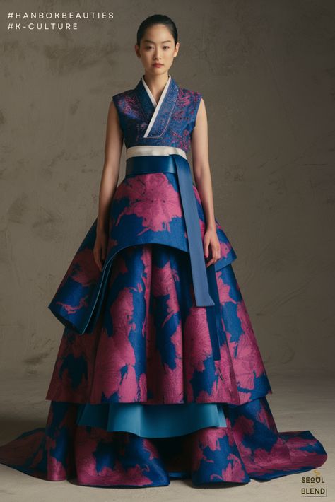 Hanbok Re-imagined: Magenta Blues Modern Traditional Korean Fashion, Hanbok Style Dress, Modern Hanbok Dress, Hanbok Wedding, Blue And Magenta, Hmong Clothes, Korean Traditional Clothing, Korean Traditional Dress, Modern Hanbok