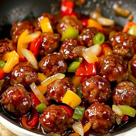 Sweet and Sour Meatballs Recipe Meatballs And Bell Peppers, Meatballs And Peppers Recipe, Meatball Sauce Recipes Sweet And Sour, Sweet And Sour Meatballs And Rice, Best Sweet And Sour Meatballs, Meatball Recipes Sweet And Sour, Recipes Using Sweet And Sour Sauce, Sweet Ans Sour Meatballs, Sweat And Sour Meatball Recipes