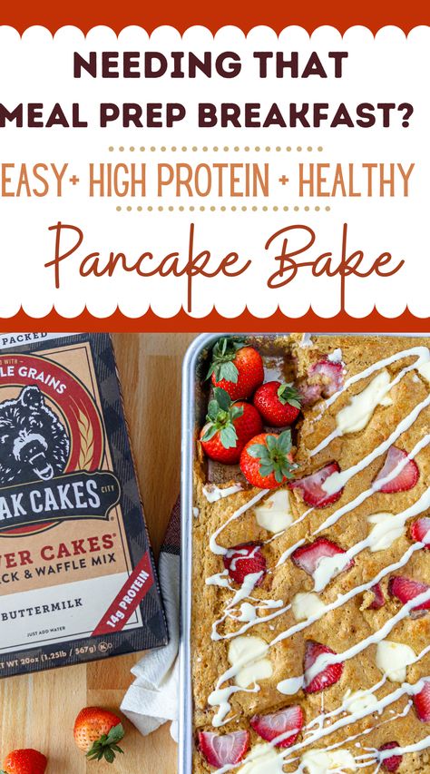 Guys, this protein packed pancake bake is EXACTLY what you need for meal prepped breakast or weekend breakfast with the family! No more keeping pancakes warm in the oven to everyone can eat at the same time. Bake in one sheet pan, put your feet up-- enjoy your coffee, then devour this healthy, easy and delicious breakfast! This healthy and simple breakfast will be one you will make constantly. Sheet Pan Protein Pancakes Kodiak, Protein Pancake Bake, Protein Sheet Pan Pancakes, Pancake Bake, Low Calorie Pancakes, Healthier Breakfast, High Protein Pancakes, Making Pancakes, Protein Pancake Mix