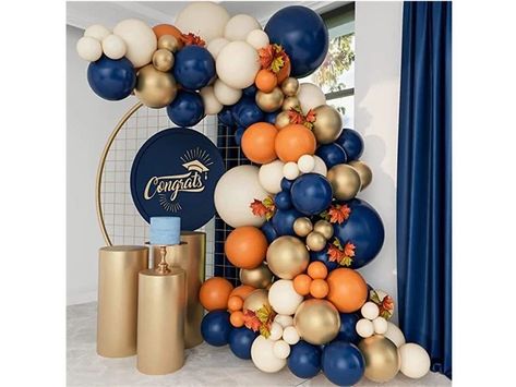 Navy Balloon Arch, Deco Orange, Gold Graduation Party, Orange Birthday, Orange Balloons, Small Balloons, Orange Party, Blue Graduation, Grad Party Decorations