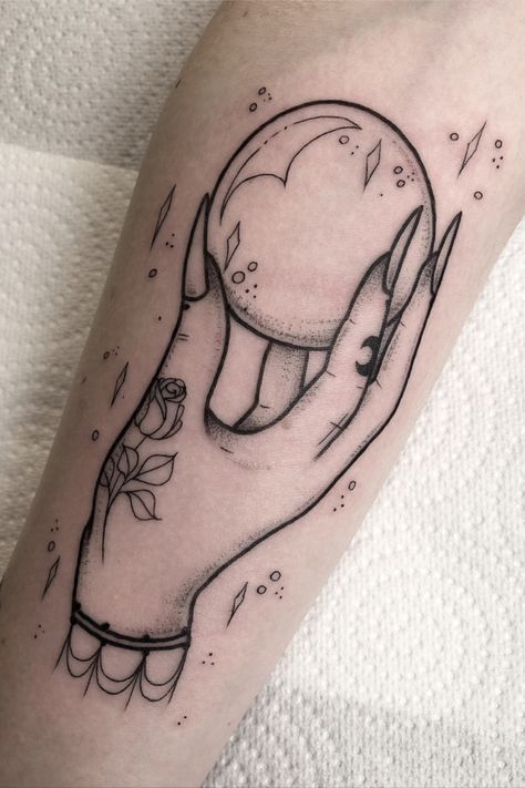 Crystal Ball Tattoo, Mystical Tattoos, Crystal Tattoo, Witch Tattoo, Spooky Tattoos, Halloween Tattoo, Spiritual Tattoos, Tattoo Portfolio, Line Art Tattoos