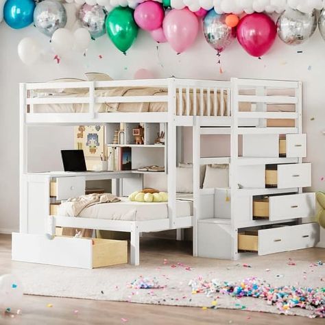 Modern Full Over Twin Bunk Bed With Desk,Drawers and Shelves - Bed Bath & Beyond - 40469191 Full Over Twin Bunk Bed, Shelves Bed, Bunk Bed With Desk, Desk Drawers, Twin Over Full Bunk Bed, Bed With Desk, Drawers And Shelves, Twin Bunk Bed, Loft Beds