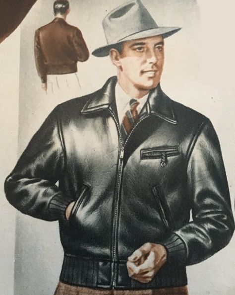 1940s men's fashion- grey fedora hat and a black leather jacket. Casualness and traditional hats didn't seen well paired by the young 1940s men Grey Fedora Hat, 1940s Men, Vintage Dancer, Grey Fedora, 1940s Mens Fashion, 1940s Hollywood, 1930s Men, 1950s Mens Fashion, Mens Hats Vintage