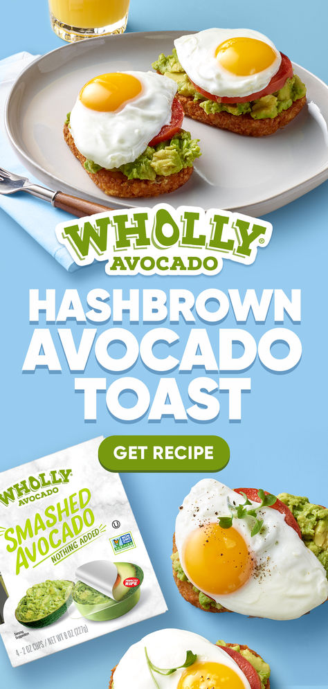 WHOLLY® Smashed Avocado, tomato and egg layered on a hash brown patty is an easy twist on the classic avocado toast! Hashbrown Patty, Tomato And Egg, Smashed Avocado, Avocado Tomato, Hash Brown, Avocado Egg, Breakfast Foods, Avocado Toast, Breakfast Recipes