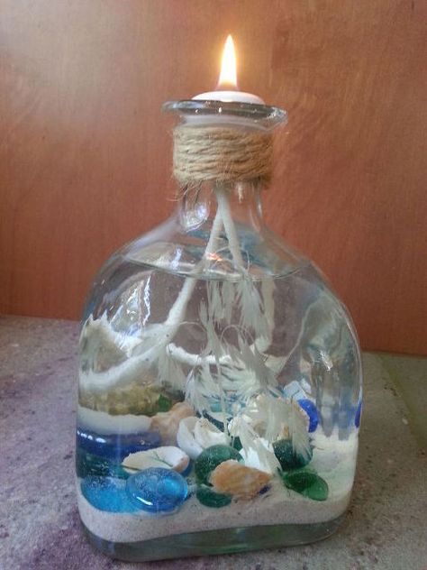 liquor bottle repurpose coastal candle, crafts, how to, repurposing upcycling Beach Memory Jars, Liquor Bottle Candles, Old Liquor Bottles, Empty Liquor Bottles, Anchor Crafts, Coastal Candle, Sand Vase, Liquor Bottle Crafts, Art Coquillage