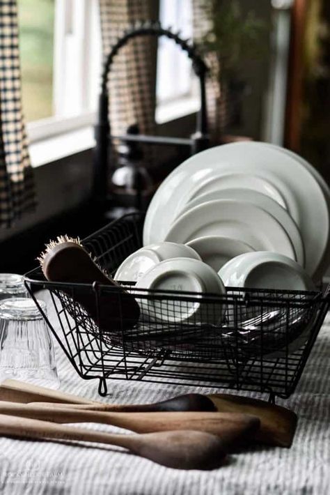 Rocky Hedge Farm | Living the Simple Life Without a Dishwasher | No dishwasher? Here are some easy tips that our family of 6 follows to keep up with all the dishes. As well as keeping the task beautiful with a farmhouse style kitchen using a vintage wire dish drying rack. | No Dishwasher Hacks, Dishwashing Aesthetic, No Dishwasher Kitchen, Farmhouse Dish Drying Rack, Dishwasher Aesthetic, Kitchen Without Dishwasher, Dish Drying Rack Ideas, Wooden Dish Rack, Hand Wash Dishes