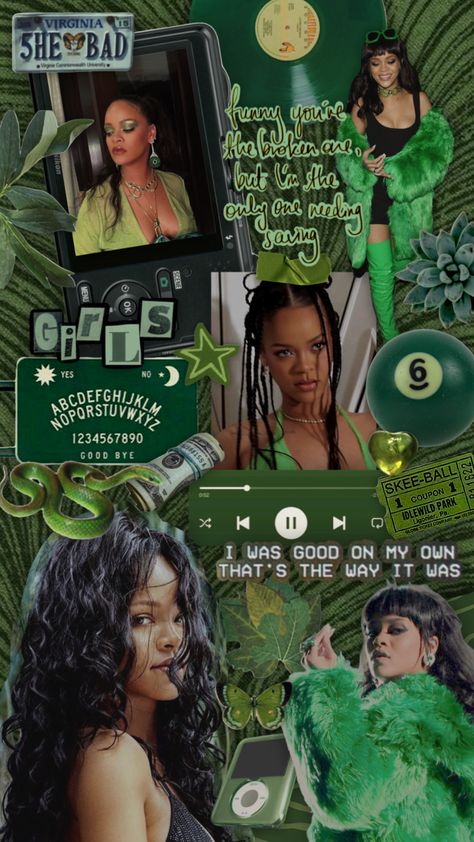 sorry for my hiatus i have no excuse besides the fact that i got soooo lazy #rihanna #green #greenaesthetic #vintage #moodboard #collage #grunge #shufflefyp #inspo <3 Rihanna Green, Vintage Moodboard, Sza Singer, Rihanna Love, Moodboard Collage, Cute Lockscreens, Rihanna Photos, I Love Being Black, Funny Phone Wallpaper