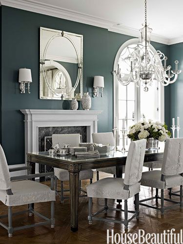 The luxe formality of the dining room is enhanced by designer Marshall Watson's Dougherty table, inlaid with ebony, for Edward Ferrell + Lewis Mittman. Dark Grey Dining Room, Dining Room Paint Colors, Dining Room Paint, Grey Dining Room, Dining Room Colors, Night Train, Beautiful Dining Rooms, Grey Dining, Room Paint Colors