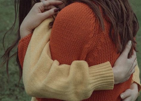 Golden Love Aesthetic, We Fell In Love In October Aesthetic, Wlw Autumn, Hugging Aesthetic, Hug Aesthetic, Women Hugging, Comfort Hug, Ginger Black, Fisherman Sweater