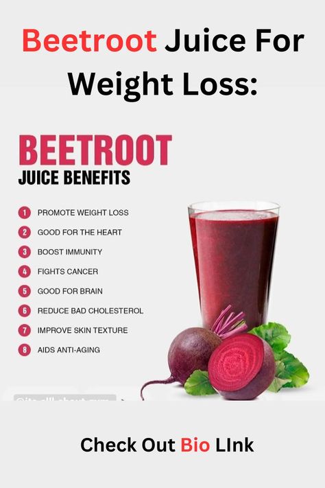 Contains Nitrate: Beetroot juice is a rich source of nitrate, which can help improve blood flow and increase oxygen delivery to the muscles. This can help improve exercise performance, making it easier to burn more calories and lose weight.

Boosts Metabolism: The nitrates in beetroot juice may also help boost your metabolism, which can help you burn more calories throughout the day. A faster metabolism means your body is using more energy, which can lead to weight loss over time. Beetroot And Carrot Juice Benefits, Beetroot Smoothie Recipes, Benefits Of Beet Juice, Beetroot Juice Benefits, Beetroot Juice Recipe, Refreshing Recipes, Beet Kvass, Beetroot Benefits, Keto Workout