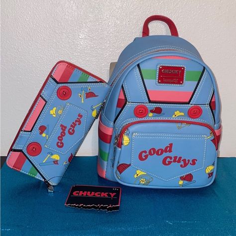 Loungefly Chucky Child’s Play Good Guys Cosplay Mini Backpack And Matching Wallet You Just Can’t Keep A Good Guy Down. Wanna Play? Chucky Loungefly, Chucky Backpack, Chucky Collection, Guys Cosplay, Chucky Aesthetic, Clubbing Shoes, Horror Things, Loungefly Wallet, Horror Room