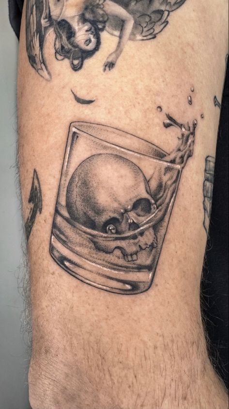 Whiskey Cup Tattoo, Skull Whiskey Tattoo, Mixology Tattoo Design, Bourbon Glass Tattoo, Mens Sticker Tattoo, Shot Glass Tattoo Ideas, Glass Of Water Tattoo, Whisky Tattoo, Whiskey Glass Tattoo